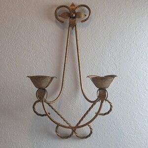 Vintage Gold Wrought Iron Wall Sconce Fleur De Lis Double Taper Candle Holder